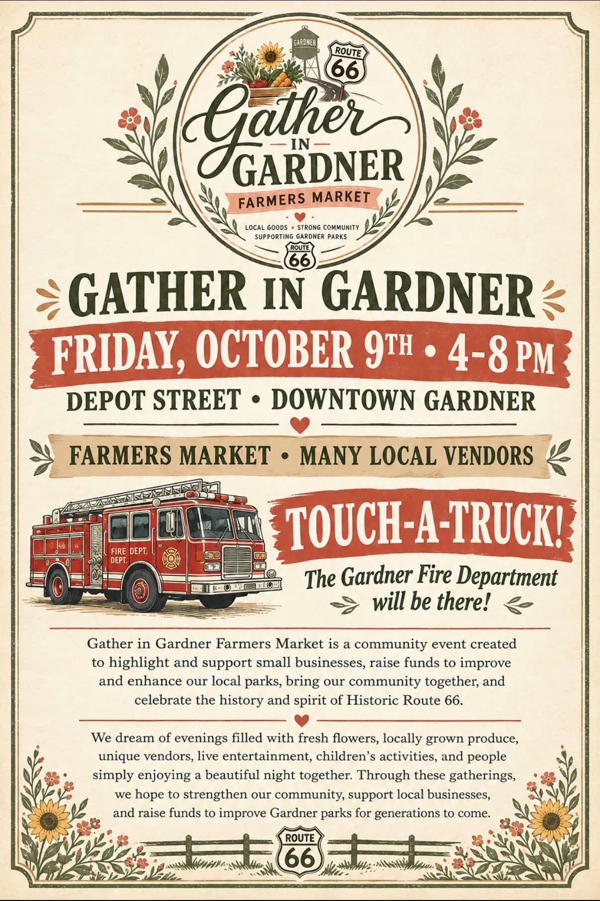 Gather in Gardner Farmers Market flyer — Friday, October 9th, 4-8pm, Depot Street, Downtown Gardner. Farmers market with many local vendors. Touch-a-Truck with the Gardner Fire Department.