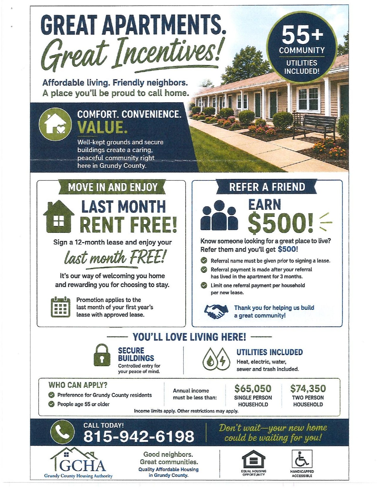 Grundy County Housing Authority flyer — 55+ community, utilities included, refer a friend earn $500, last month rent free on a 12-month lease, income limits $65,050 for a single person household and $74,350 for a two-person household, call 815-942-6198