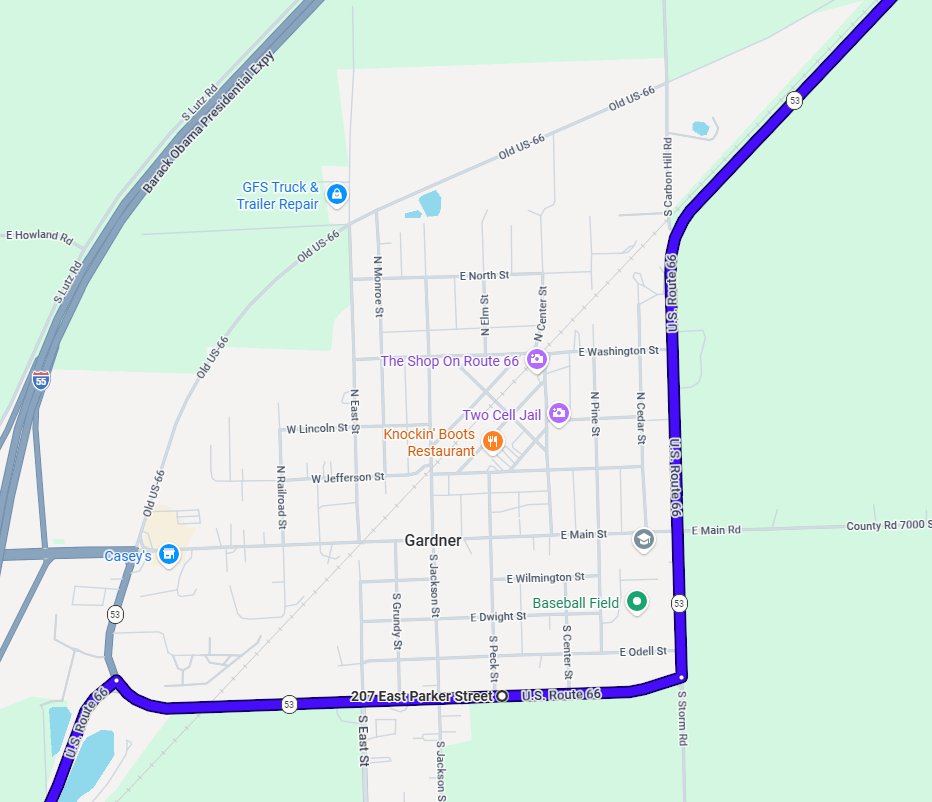 Hot Rod Power Tour route map through Gardner, IL — cars travel south on U.S. Route 66 through town